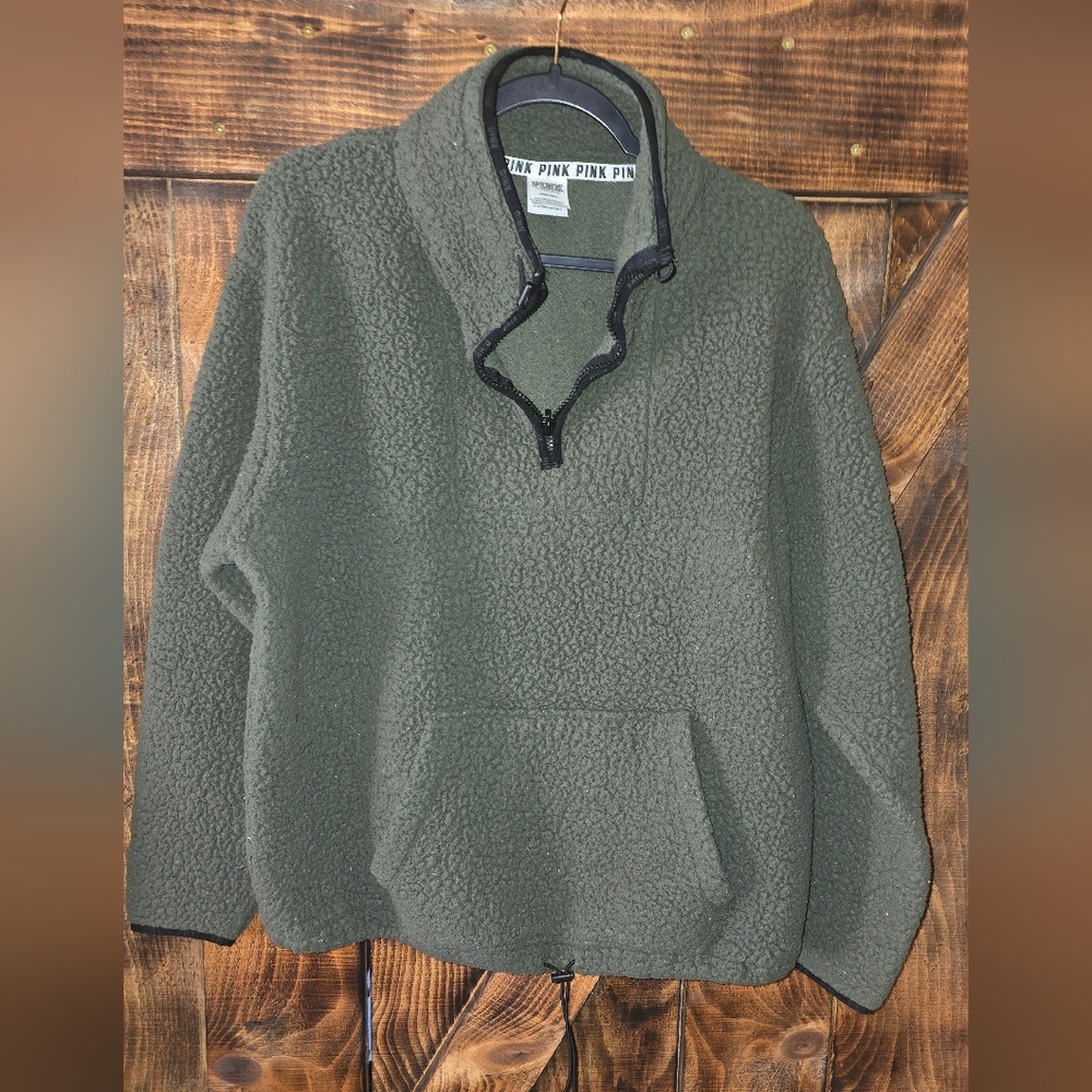 Victoria’s Secret PINK Sherpa Quarter Zip Pullover Olive Green | Cozy Fleece